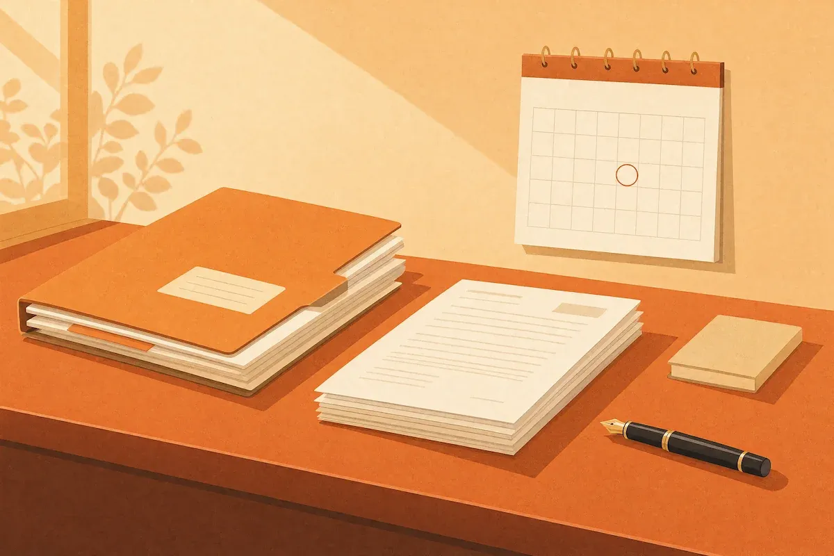 Carpetas y documentos sobre un escritorio, con un calendario y una pluma